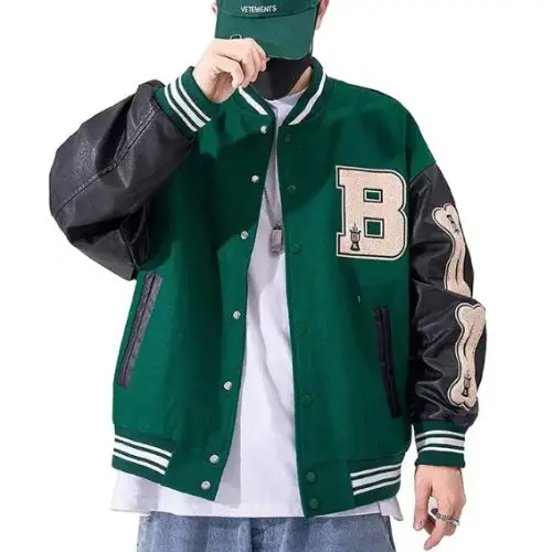 Custom varsity jackets with chenille patches and leather sleeves