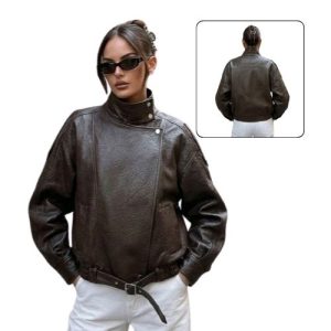 Oversized Brown Leather Biker Jacket Supplier