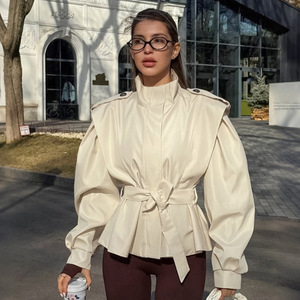 French Style Short Trench Coat Polyester Belted Waist Windbreaker Jacket