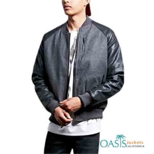 Grey and Black Leather Bomber Jacket for Men