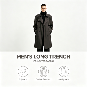 Mens Trench Coat Polyester Overcoat Long Coat Double Breasted Charcoal Grey